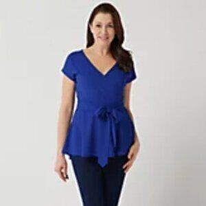Du Jour Fashions Royal Blue Wrap Blouse | 2X | Flattering Tie Waist